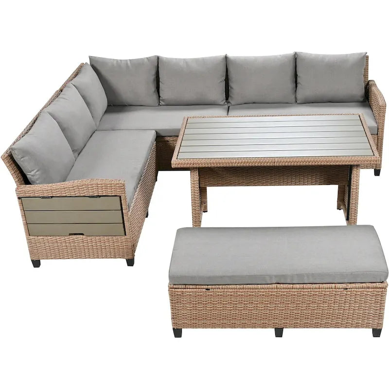 Ensemble de canapé et de table d'extérieur en rotin tressé 5 pièces, résistant aux intempéries, avec 2 tables d'appoint extensibles et une table.