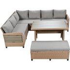 Ensemble de canapé et de table d'extérieur en rotin tressé 5 pièces, résistant aux intempéries, avec 2 tables d'appoint extensibles et une table.
