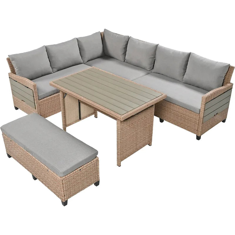 Ensemble de canapé et de table d'extérieur en rotin tressé 5 pièces, résistant aux intempéries, avec 2 tables d'appoint extensibles et une table.