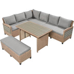 Ensemble de canapé et de table d'extérieur en rotin tressé 5 pièces, résistant aux intempéries, avec 2 tables d'appoint extensibles et une table.