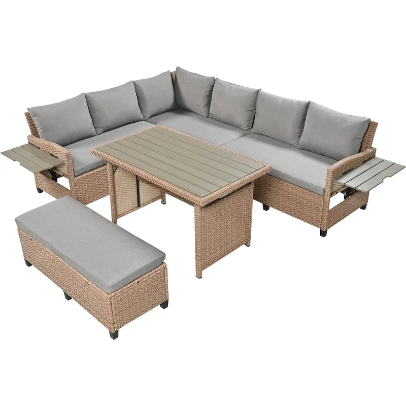 Ensemble de canapé et de table d'extérieur en rotin tressé 5 pièces, résistant aux intempéries, avec 2 tables d'appoint extensibles et une table.