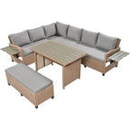 Ensemble de canapé et de table d'extérieur en rotin tressé 5 pièces, résistant aux intempéries, avec 2 tables d'appoint extensibles et une table.