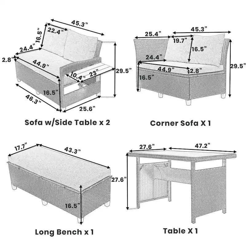 Ensemble de canapé et de table d'extérieur en rotin tressé 5 pièces, résistant aux intempéries, avec 2 tables d'appoint extensibles et une table.