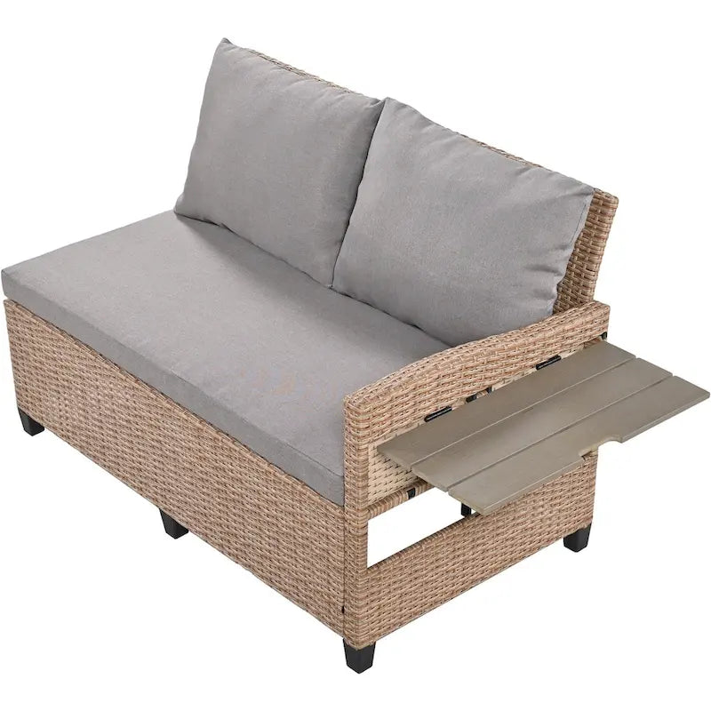 Ensemble de canapé et de table d'extérieur en rotin tressé 5 pièces, résistant aux intempéries, avec 2 tables d'appoint extensibles et une table.
