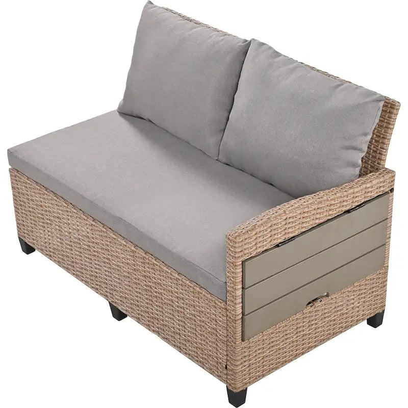 Ensemble de canapé et de table d'extérieur en rotin tressé 5 pièces, résistant aux intempéries, avec 2 tables d'appoint extensibles et une table.