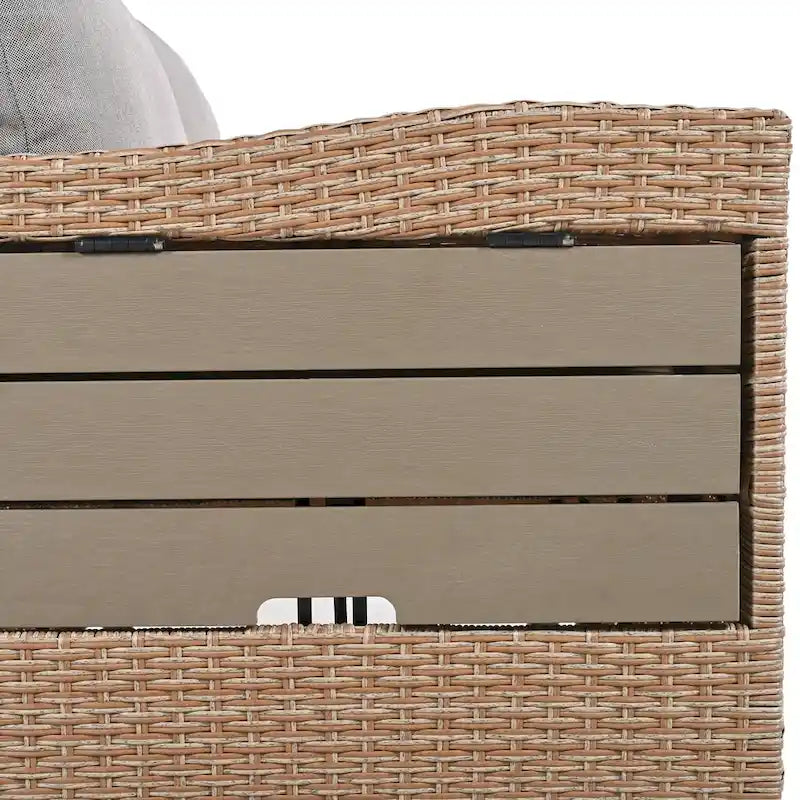 Ensemble de canapé et de table d'extérieur en rotin tressé 5 pièces, résistant aux intempéries, avec 2 tables d'appoint extensibles et une table.