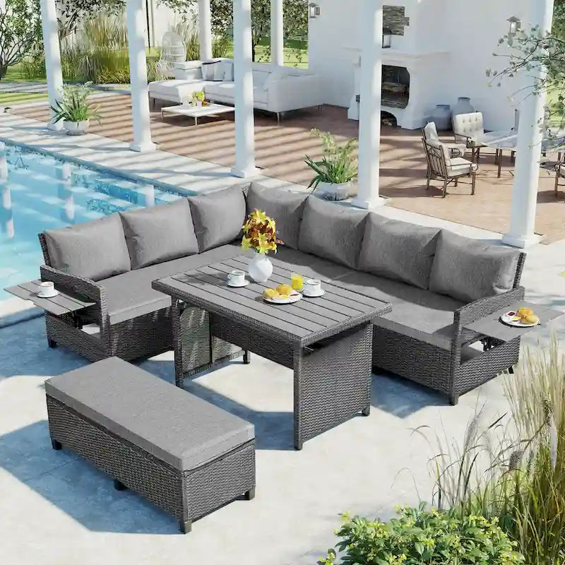 Ensemble de canapé et de table d'extérieur en rotin tressé 5 pièces, résistant aux intempéries, avec 2 tables d'appoint extensibles et une table.