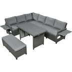 Ensemble de canapé et de table d'extérieur en rotin tressé 5 pièces, résistant aux intempéries, avec 2 tables d'appoint extensibles et une table.