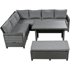 Ensemble de canapé et de table d'extérieur en rotin tressé 5 pièces, résistant aux intempéries, avec 2 tables d'appoint extensibles et une table.