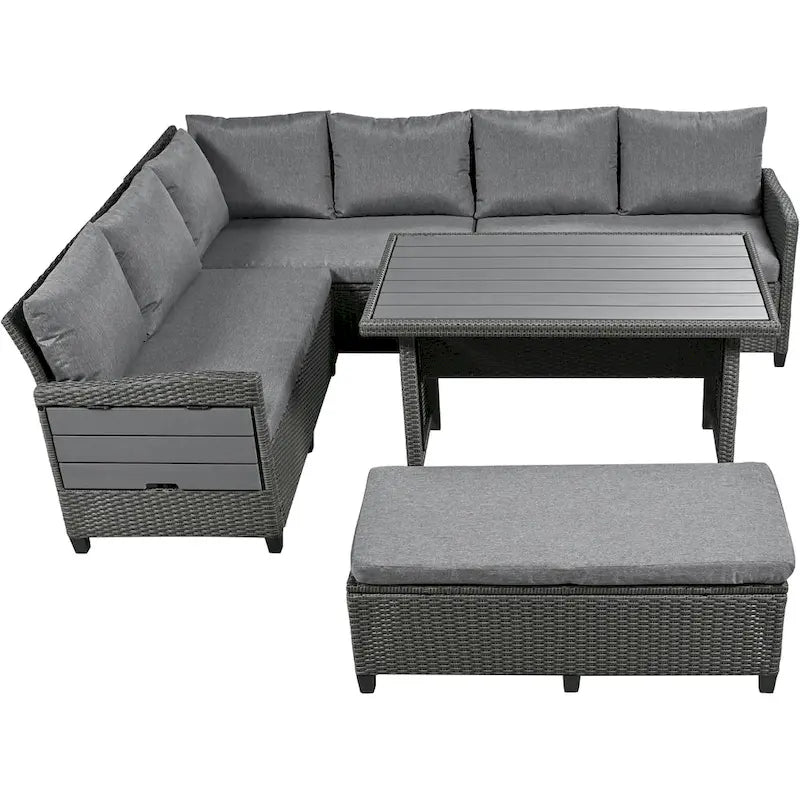 Ensemble de canapé et de table d'extérieur en rotin tressé 5 pièces, résistant aux intempéries, avec 2 tables d'appoint extensibles et une table.