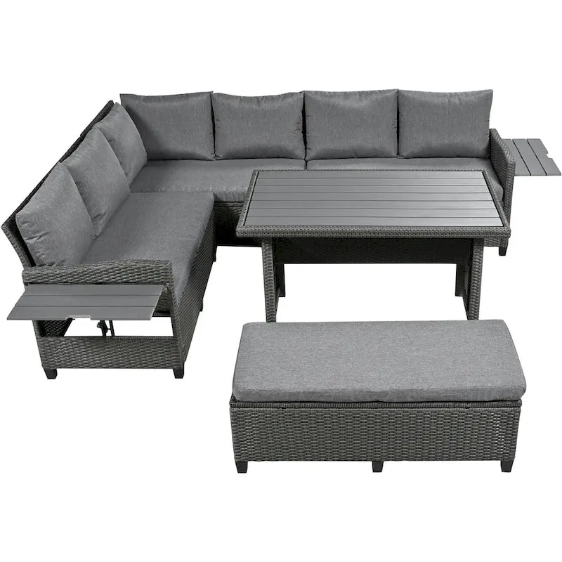 Ensemble de canapé et de table d'extérieur en rotin tressé 5 pièces, résistant aux intempéries, avec 2 tables d'appoint extensibles et une table.