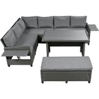 Ensemble de canapé et de table d'extérieur en rotin tressé 5 pièces, résistant aux intempéries, avec 2 tables d'appoint extensibles et une table.