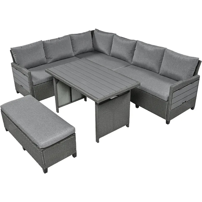 Ensemble de canapé et de table d'extérieur en rotin tressé 5 pièces, résistant aux intempéries, avec 2 tables d'appoint extensibles et une table.