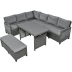 Ensemble de canapé et de table d'extérieur en rotin tressé 5 pièces, résistant aux intempéries, avec 2 tables d'appoint extensibles et une table.