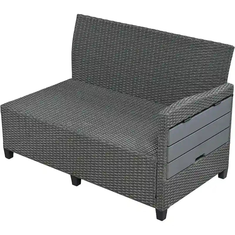 Ensemble de canapé et de table d'extérieur en rotin tressé 5 pièces, résistant aux intempéries, avec 2 tables d'appoint extensibles et une table.