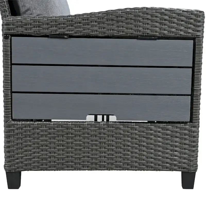 Ensemble de canapé et de table d'extérieur en rotin tressé 5 pièces, résistant aux intempéries, avec 2 tables d'appoint extensibles et une table.