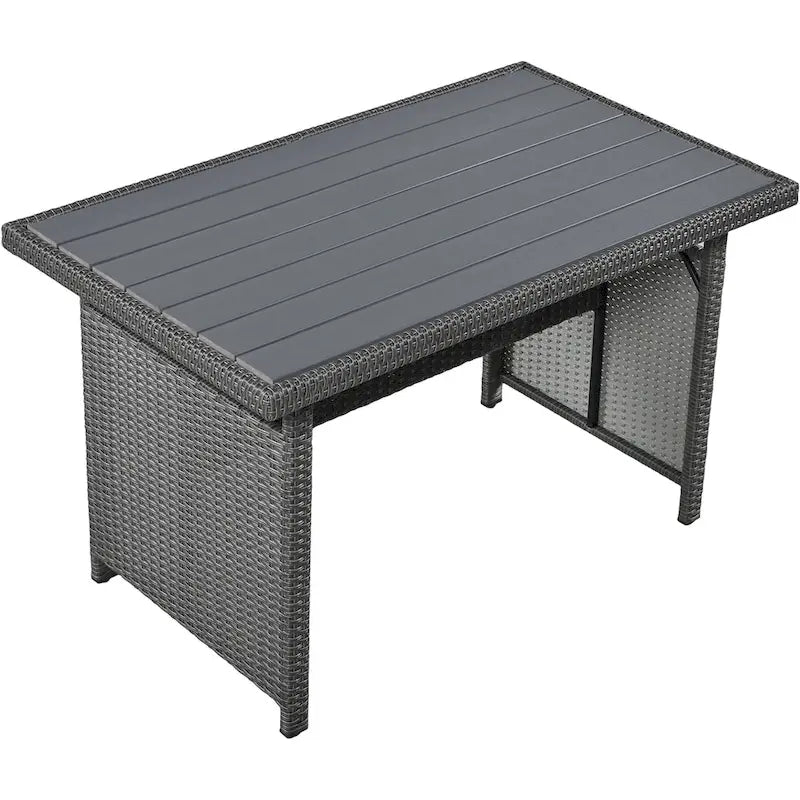 Ensemble de canapé et de table d'extérieur en rotin tressé 5 pièces, résistant aux intempéries, avec 2 tables d'appoint extensibles et une table.