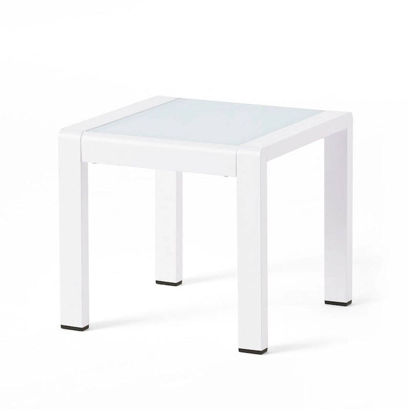 Table basse carrée de billard, table d'appoint d'extérieur, structure en aluminium, plateau en verre trempé dépoli