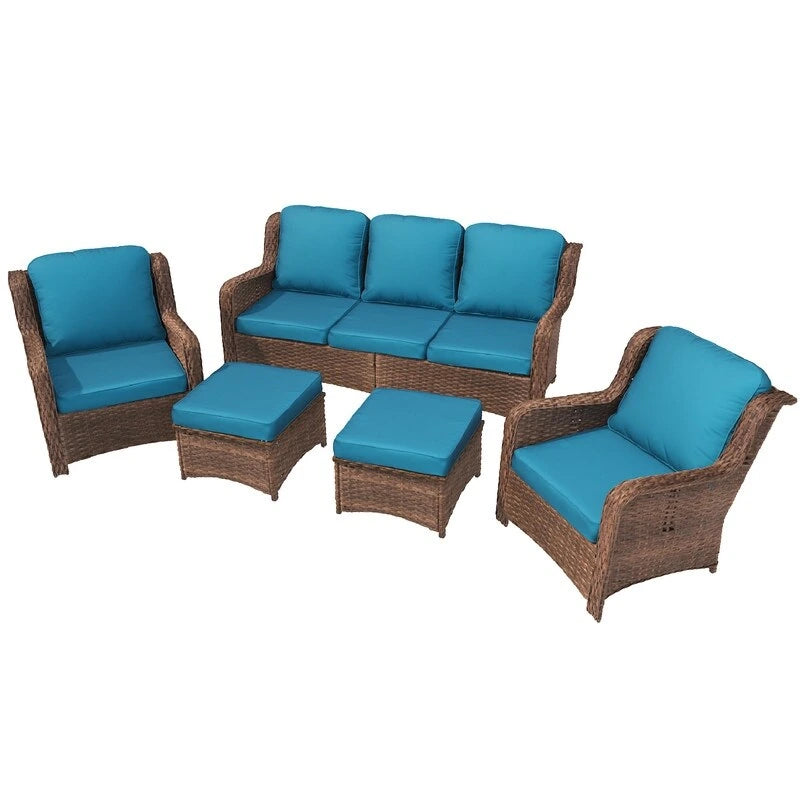 Ensemble de conversation 5 pièces pour patio avec dossier haut et coussins bleu paon
