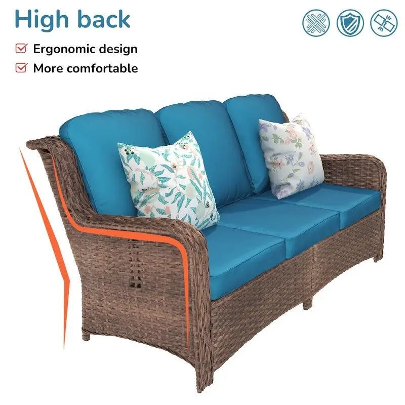 Ensemble de conversation 5 pièces pour patio avec dossier haut et coussins bleu paon