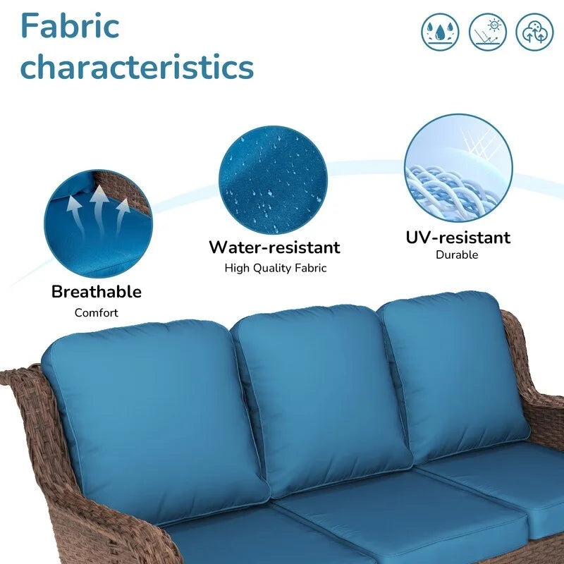Ensemble de conversation 5 pièces pour patio avec dossier haut et coussins bleu paon