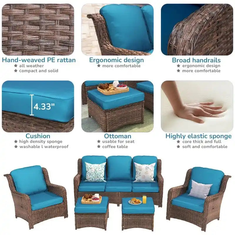 Ensemble de conversation 5 pièces pour patio avec dossier haut et coussins bleu paon