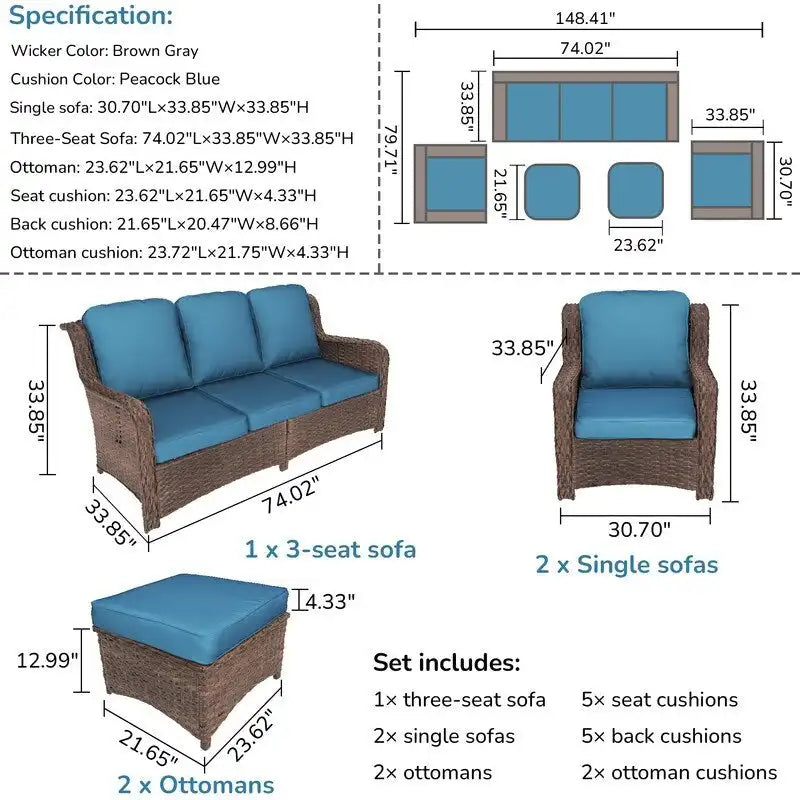 Ensemble de conversation 5 pièces pour patio avec dossier haut et coussins bleu paon