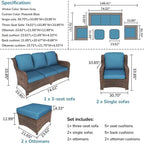 Ensemble de conversation 5 pièces pour patio avec dossier haut et coussins bleu paon