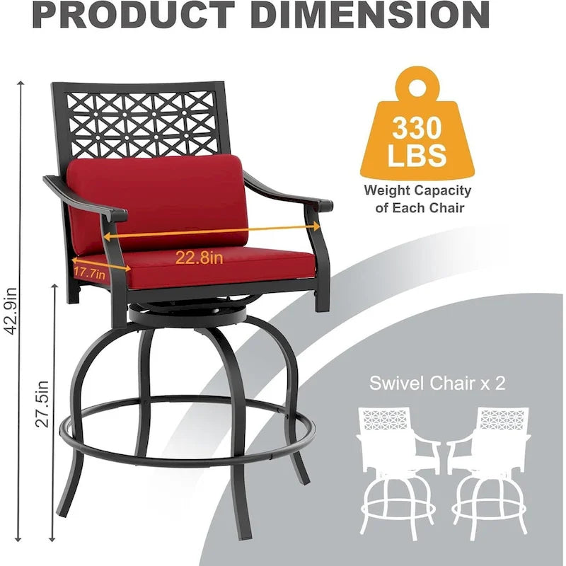 Ensemble de 2 tabourets de bar pivotants hauts d'extérieur, chaises de bar avec coussin d'assise pour terrasse et jardin.