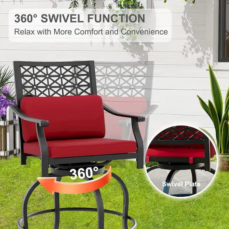 Ensemble de 2 tabourets de bar pivotants hauts d'extérieur, chaises de bar avec coussin d'assise pour terrasse et jardin.