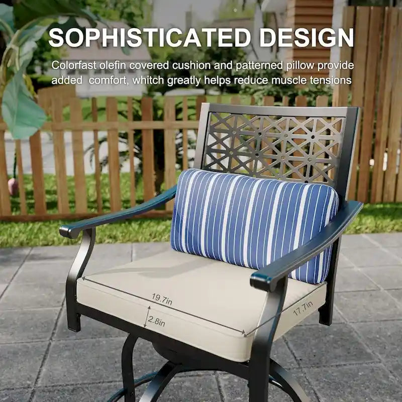 Ensemble de 2 tabourets de bar pivotants hauts d'extérieur, chaises de bar avec coussin d'assise pour terrasse et jardin.