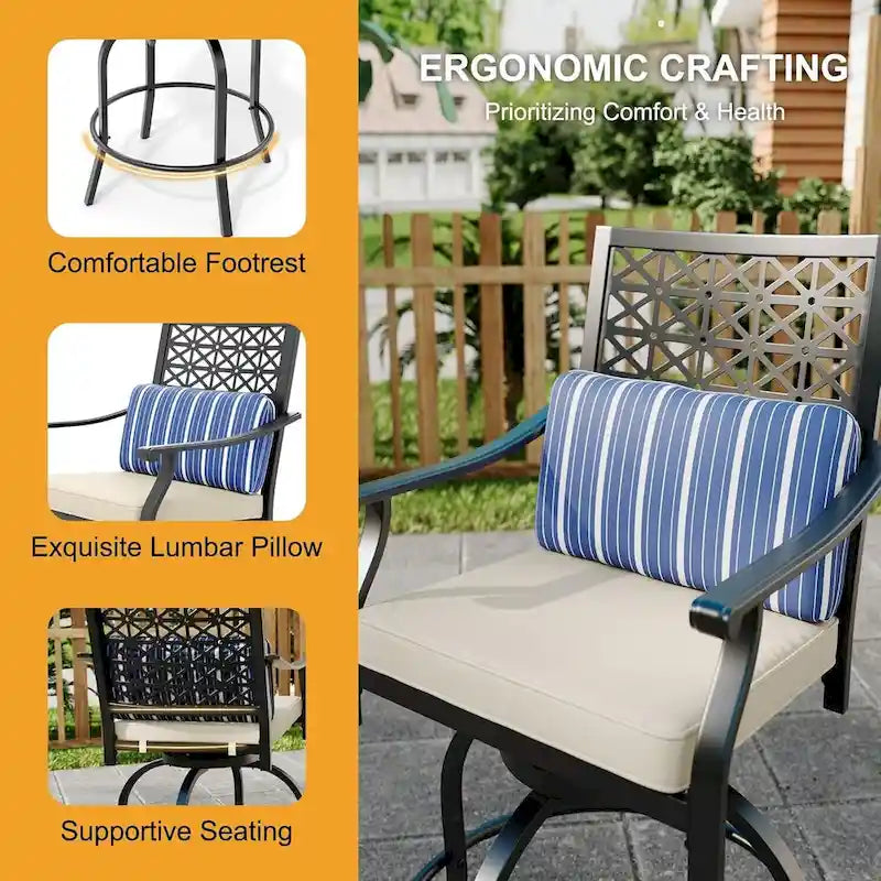 Ensemble de 2 tabourets de bar pivotants hauts d'extérieur, chaises de bar avec coussin d'assise pour terrasse et jardin.