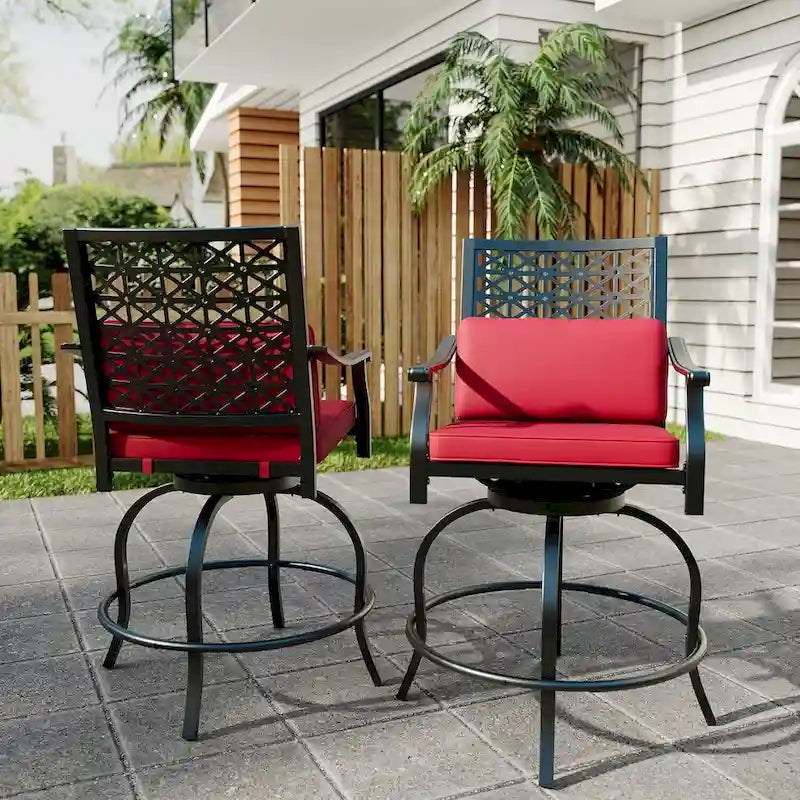 Ensemble de 2 tabourets de bar pivotants hauts d'extérieur, chaises de bar avec coussin d'assise pour terrasse et jardin.