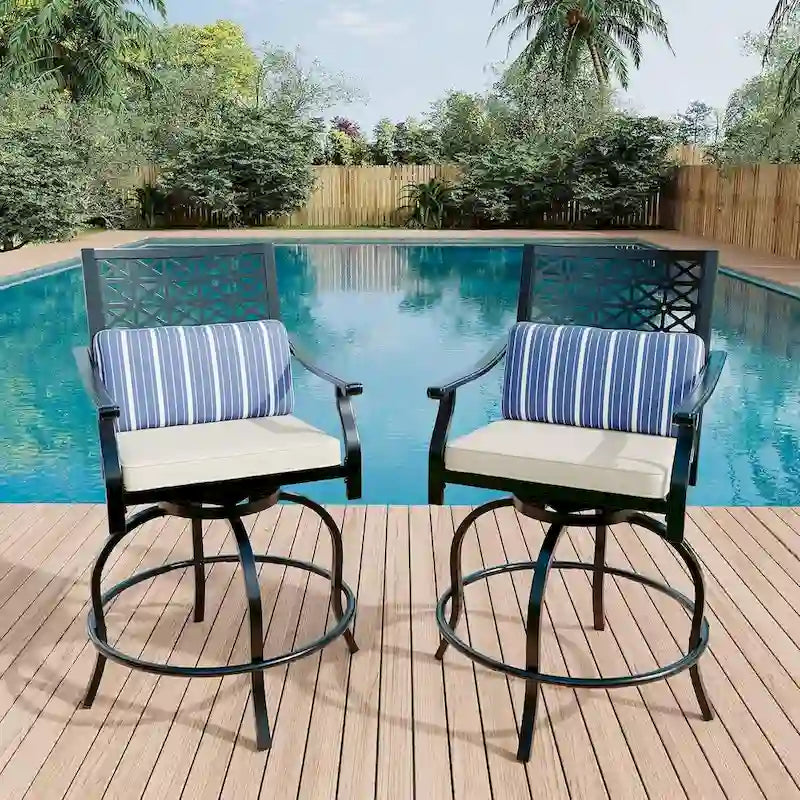Ensemble de 2 tabourets de bar pivotants hauts d'extérieur, chaises de bar avec coussin d'assise pour terrasse et jardin.