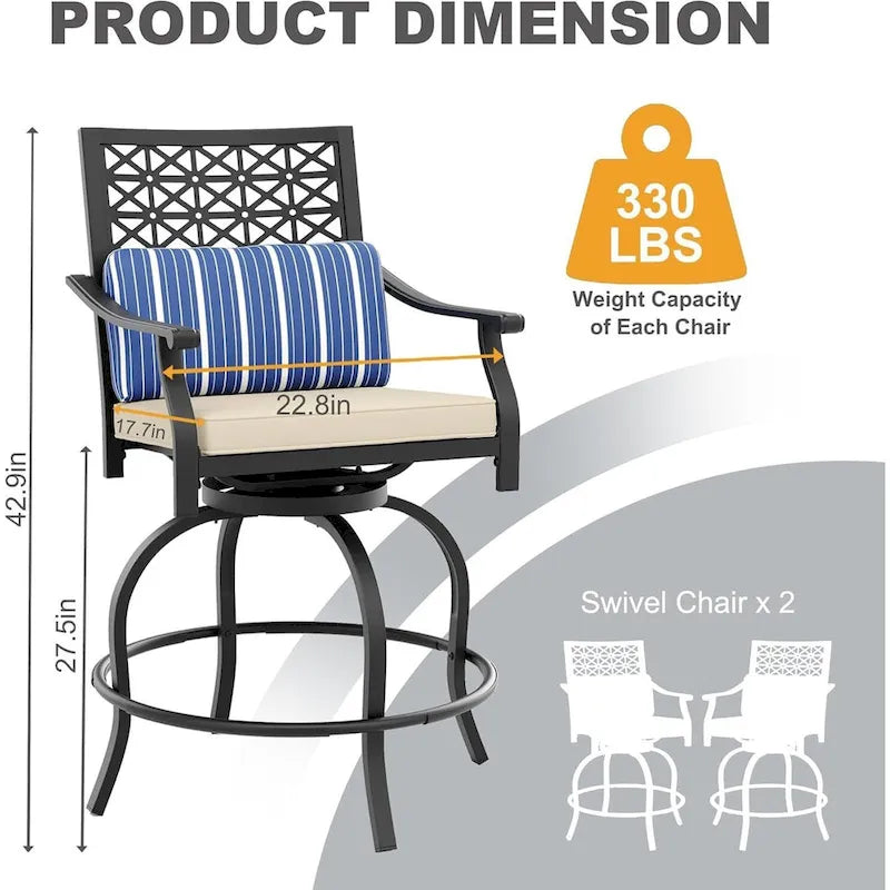 Ensemble de 2 tabourets de bar pivotants hauts d'extérieur, chaises de bar avec coussin d'assise pour terrasse et jardin.