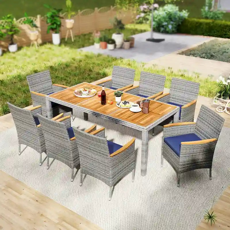 Ensemble de salle à manger d'extérieur Gymax 9 pièces en résine tressée PE, table et bois d'acacia