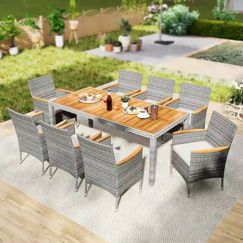 Ensemble de salle à manger d'extérieur Gymax 9 pièces en résine tressée PE, table et bois d'acacia