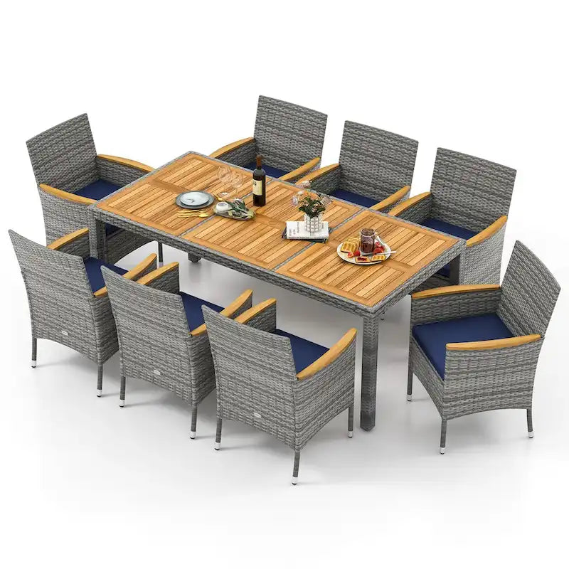 Ensemble de salle à manger d'extérieur Gymax 9 pièces en résine tressée PE, table et bois d'acacia