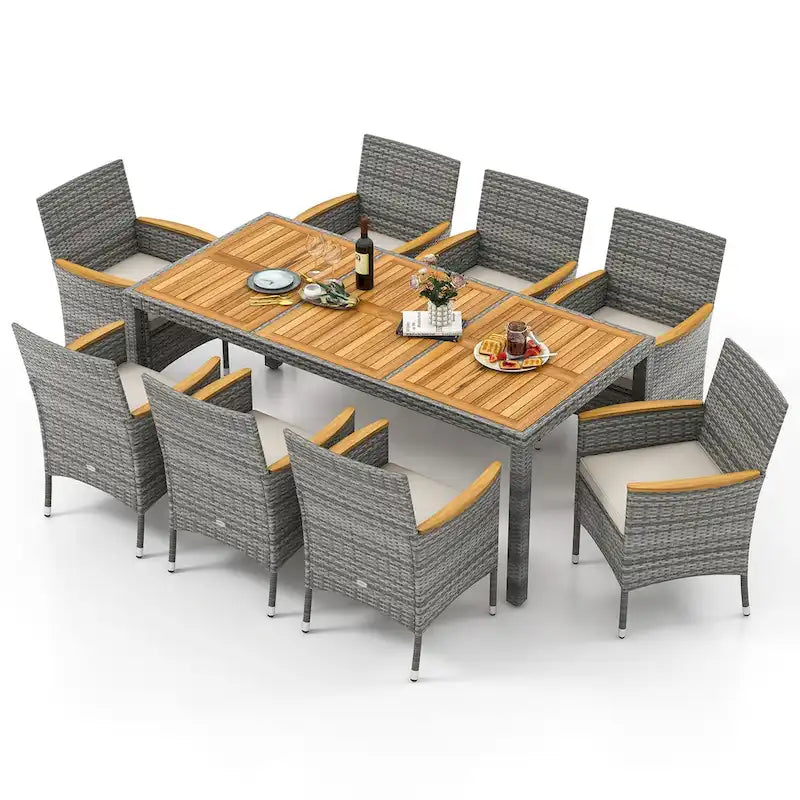 Ensemble de salle à manger d'extérieur Gymax 9 pièces en résine tressée PE, table et bois d'acacia