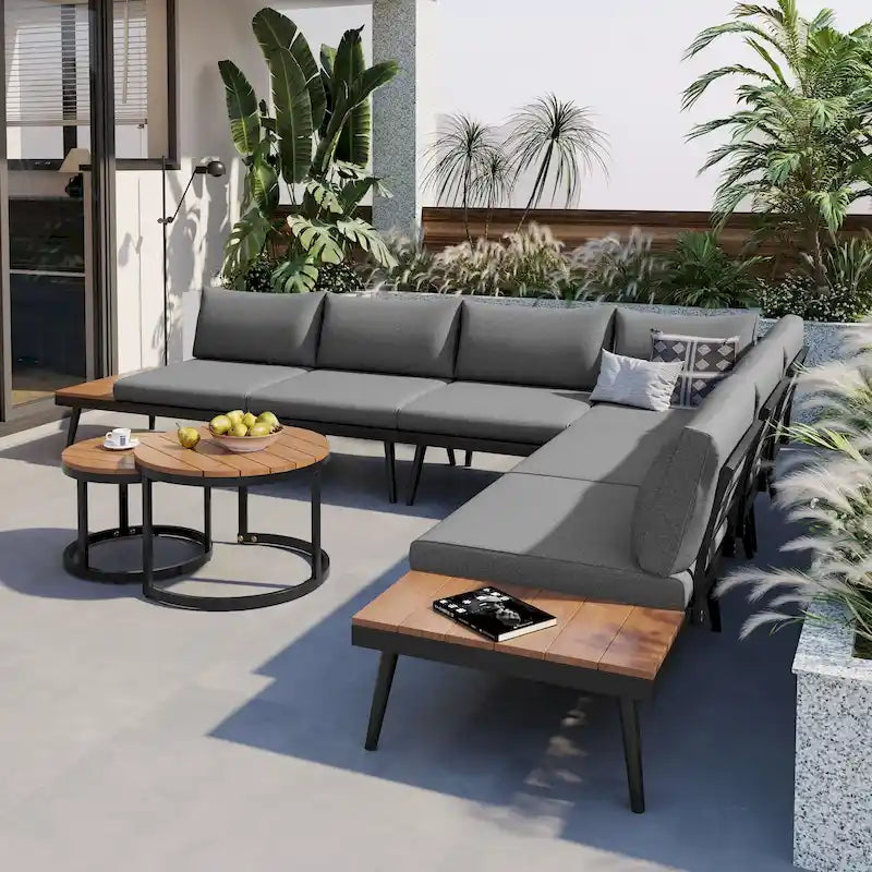 Ensemble de canapé d'angle d'extérieur 6 pièces avec tables basses gigognes