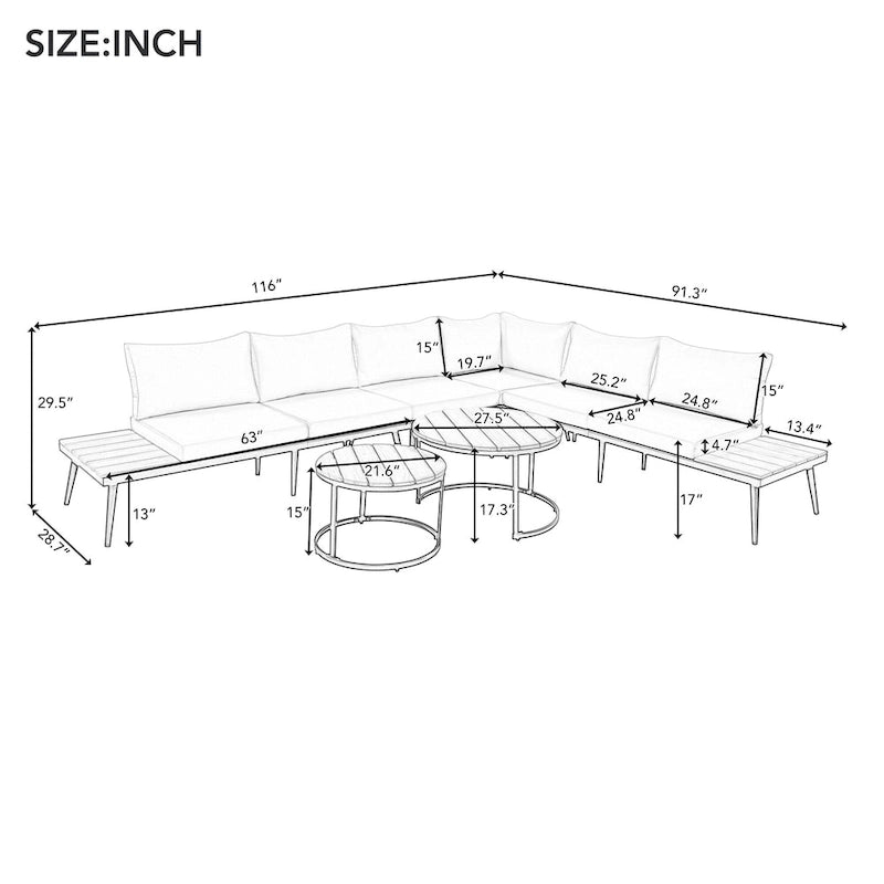 Ensemble de canapé d'angle d'extérieur 6 pièces avec tables basses gigognes
