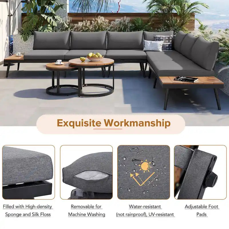 Ensemble de canapé d'angle d'extérieur 6 pièces avec tables basses gigognes