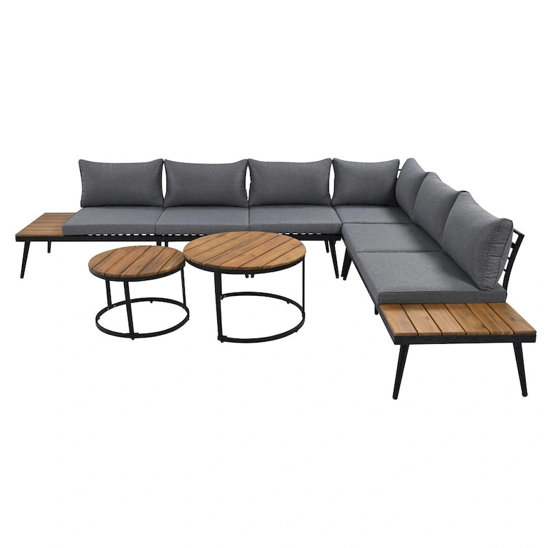Ensemble de canapé d'angle d'extérieur 6 pièces avec tables basses gigognes