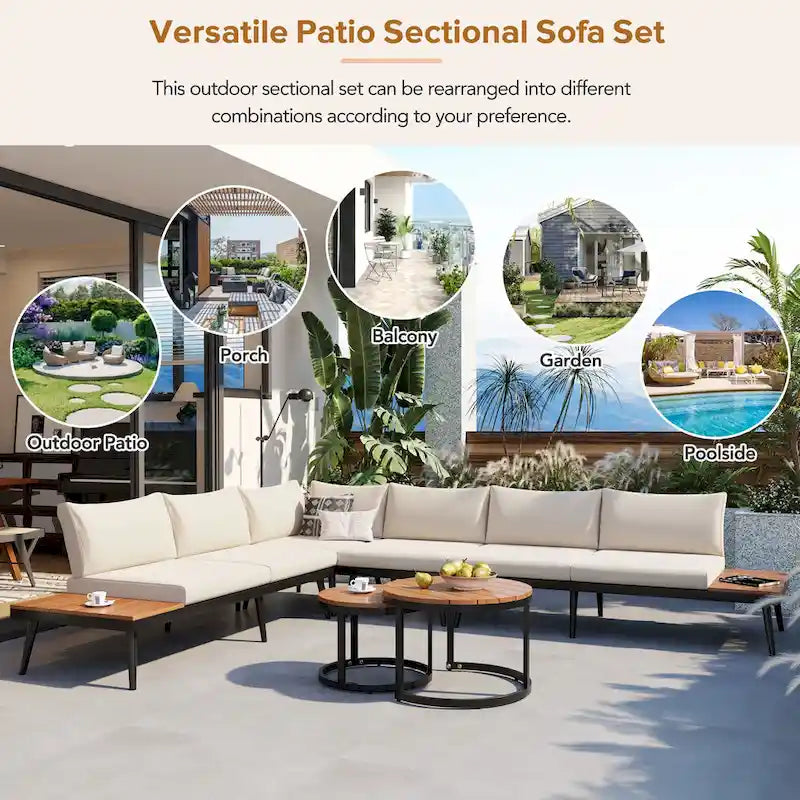 Ensemble de canapé d'angle d'extérieur 6 pièces avec tables basses gigognes