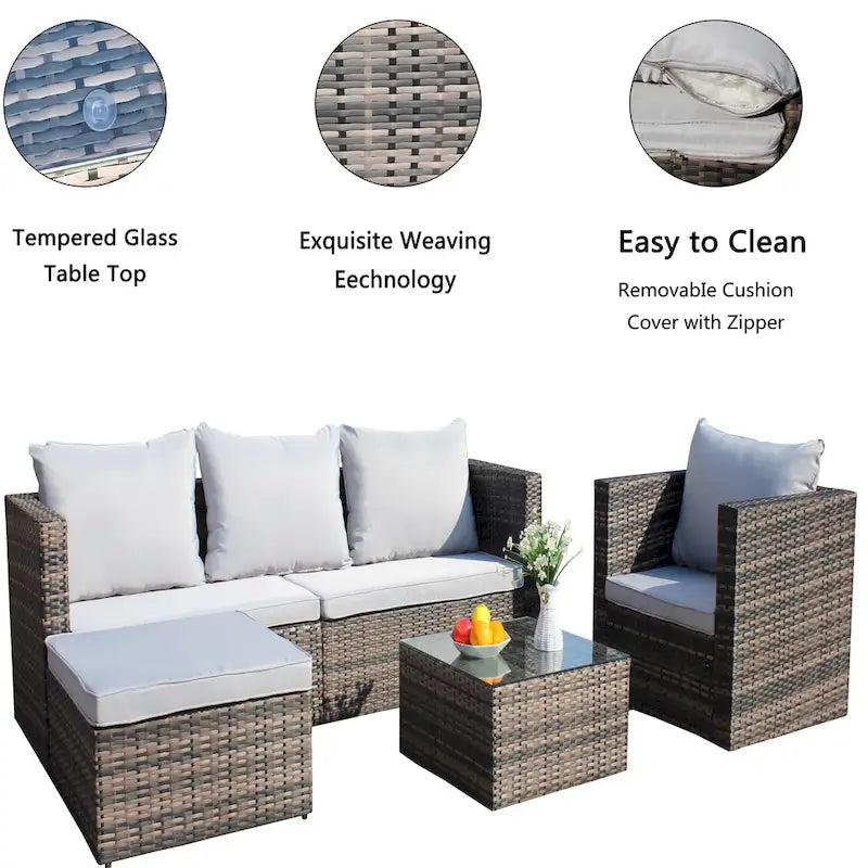 Ensemble canapé d'extérieur 4 pièces en rotin PE tressé avec coussins et table basse