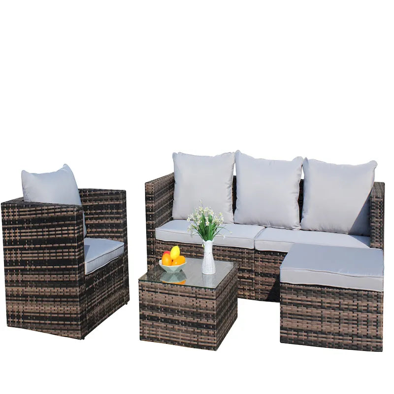 Ensemble canapé d'extérieur 4 pièces en rotin PE tressé avec coussins et table basse