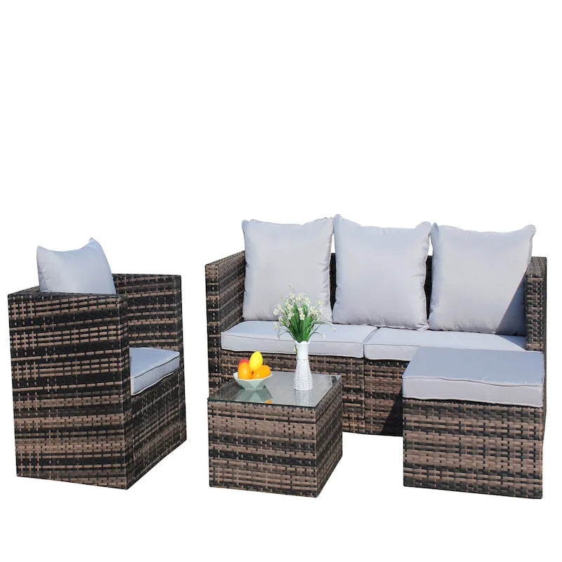 Ensemble canapé d'extérieur 4 pièces en rotin PE tressé avec coussins et table basse