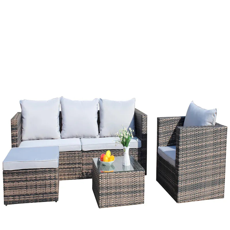 Ensemble canapé d'extérieur 4 pièces en rotin PE tressé avec coussins et table basse