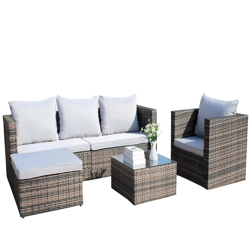 Ensemble canapé d'extérieur 4 pièces en rotin PE tressé avec coussins et table basse