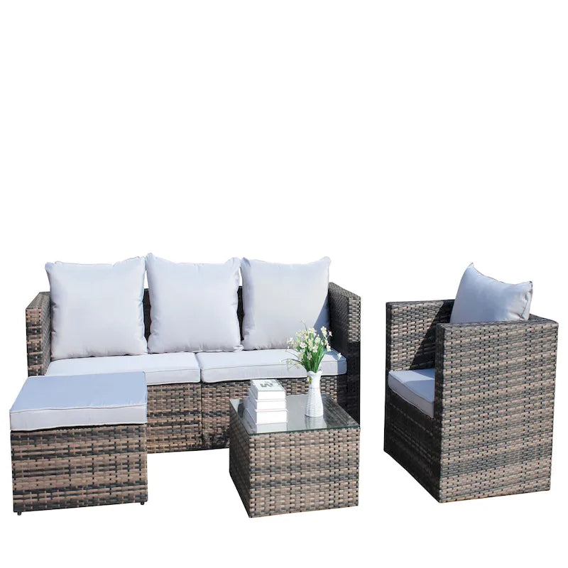Ensemble canapé d'extérieur 4 pièces en rotin PE tressé avec coussins et table basse